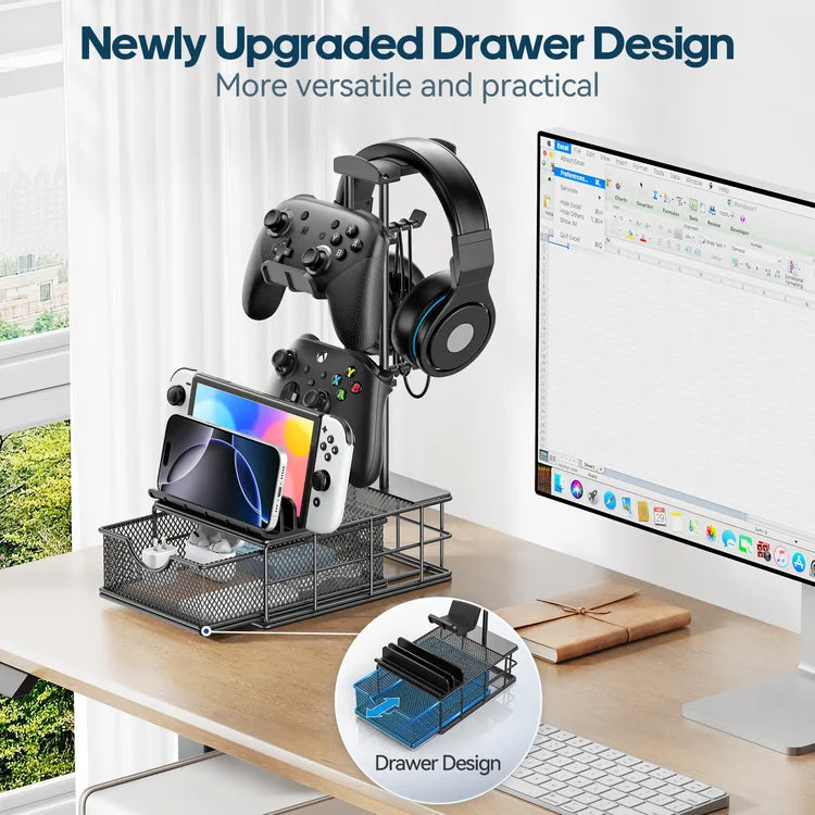 Gaming Headphone Stand with Drawer, Desk Organizer & Controller Holder